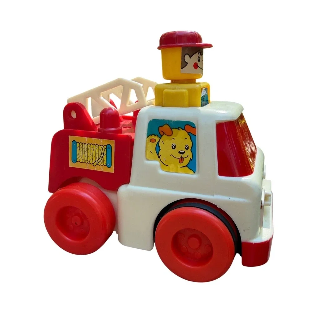 Vintage 1970s Playskool Plastic Fire Truck Toy Fold Down Ladder Square Driver